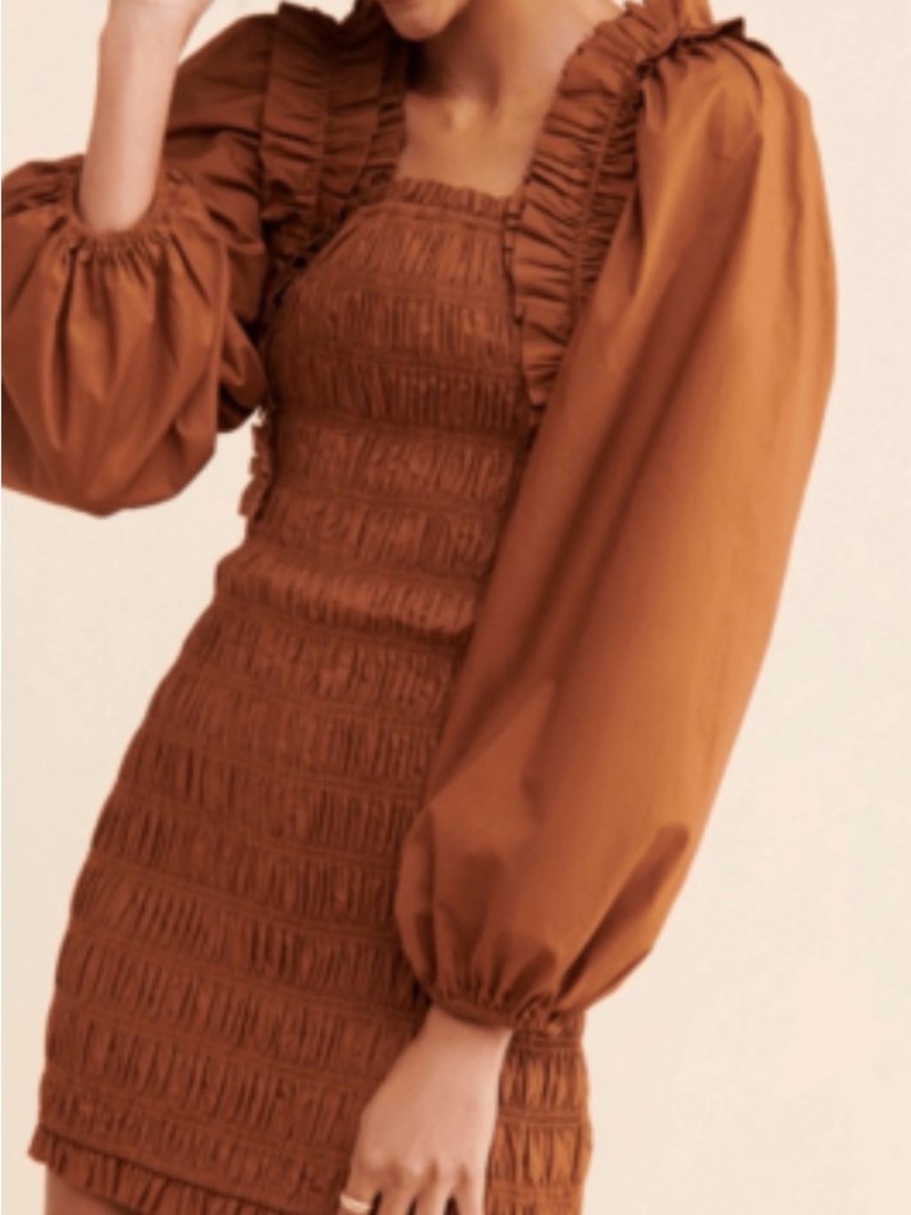 Anthropologie Endless Rose Brown Smocked Ruffle Mini Dress
